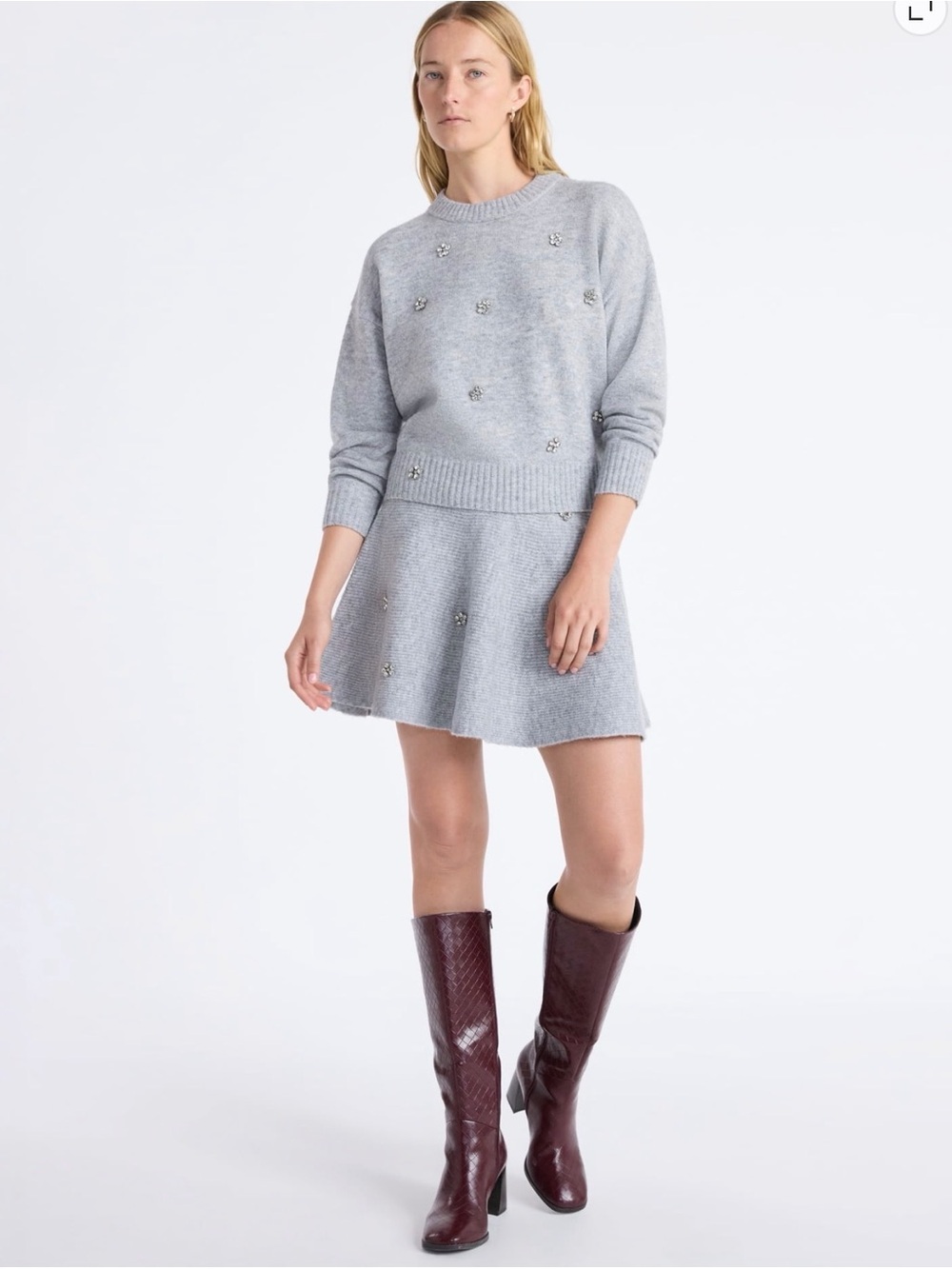 Embellished Gray A-Line Knit Skirt and Sweater Set- Women's